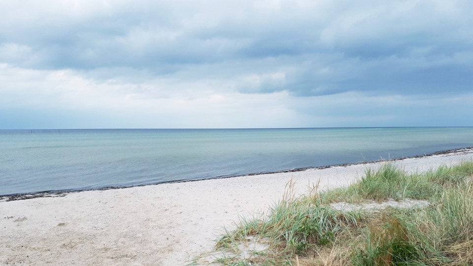The images shows a beach with the Baltic sea in the background