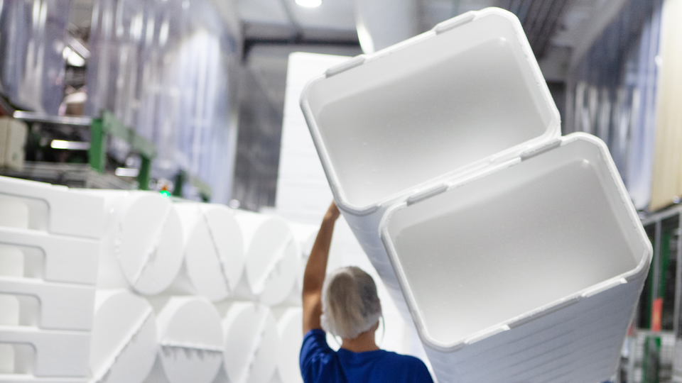 Production line at BEWI factory, producing packaging out of styrofoam